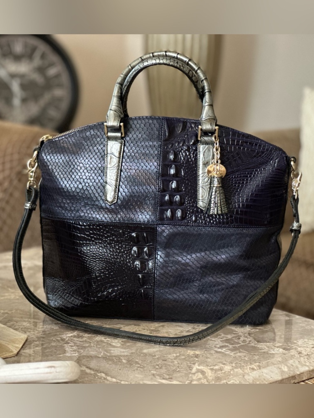 Brahmin Large Duxbury Satchel Navy Croc Embossed Leather Crossbody Bag EUC